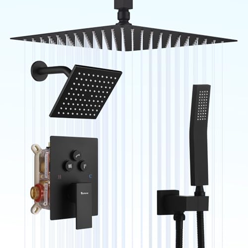 Dual Rainfall Shower Head System, Push Button Shower Faucet Set with 12" Ceiling Mount Rain shower head and 6" Wall Mount Shower Head, Pressure Balance Rough-in Valve (Matte Black) - color: Matte Black, style: Ceiling Mount