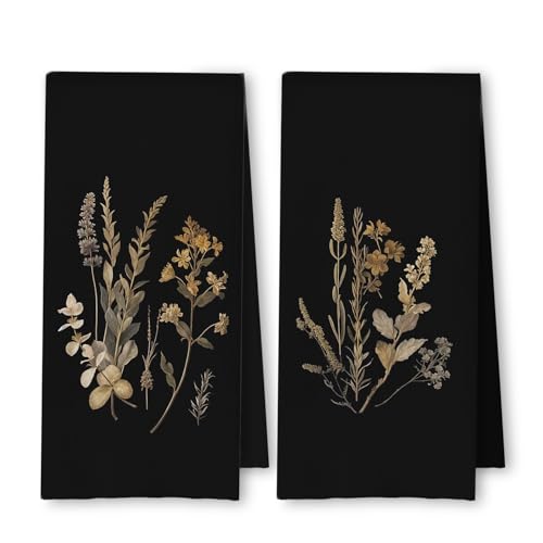 Boho Vintage Botanical Kitchen Towels Set of 2, Rustic Elegant Floral Dish Tea Towels for Kitchen Decor, Dark Cottagecore Flower Plants Hand Towels for Bathroom Decor, 16x24 Inches - color: Vintage Botanical