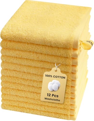 12-Pack Cotton Washcloths for Bathroom with Hanging Loops, Yellow | Soft washcloths for face cleansing, shower use, guest bathrooms, and daily wash-day rotation, OEKO-TEX certified, easy care - color: A01: Yellow