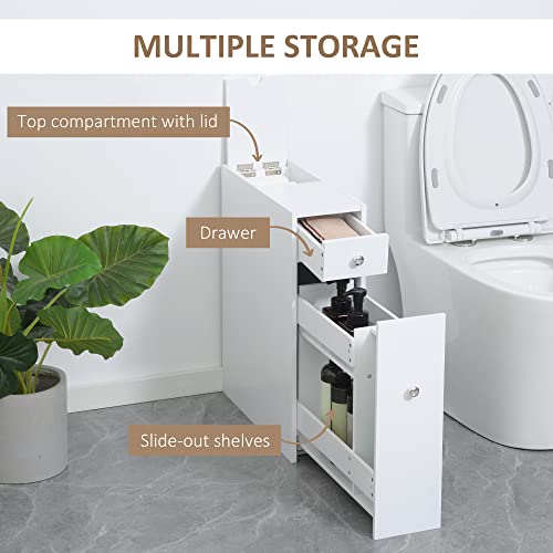 HOMCOM Bathroom Floor Organizer Free Standing Narrow Storage Cabinet White | Wooden, Space Saving, Bath Toilet Paper Holder, with Drawers