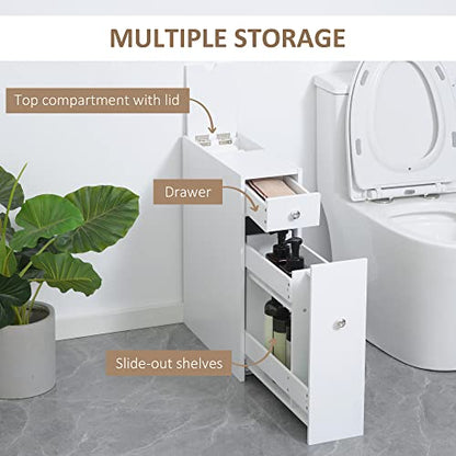 HOMCOM Bathroom Floor Organizer Free Standing Narrow Storage Cabinet White | Wooden, Space Saving, Bath Toilet Paper Holder, with Drawers