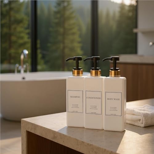 Modern Gold Design Shampoo and Conditioner Dispenser - Large 27oz Shower Soap Dispenser, Set of 3 Refillable Empty Plastic Pump Bottles for Bathroom and Body Wash (6 Waterproof Labels Included), Black - color: Black