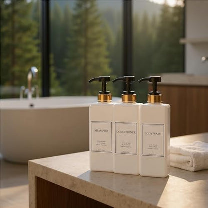 Modern Gold Design Shampoo and Conditioner Dispenser - Large 27oz Shower Soap Dispenser, Set of 3 Refillable Empty Plastic Pump Bottles for Bathroom and Body Wash (6 Waterproof Labels Included), Black - color: Black