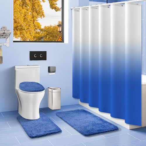 Shower Curtain Sets with Rugs and Adjustable Toilet Seat Cover | 4 Pcs Light Blue Bathroom Sets with Shower Curtain and Rugs and Microfiber Toilet Lid Cover - color: Light Blue