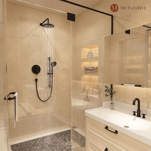 MONDAWE 8 Inch Wall Mounted Shower Faucet Set in Matte Black, Rainfall Shower Head with 3-Setting Handheld Spray Shower Set Combo, High Pressure Shower System with Solid Brass Valve - color: Matte Black, style: 8 IN - Without Tub Spout