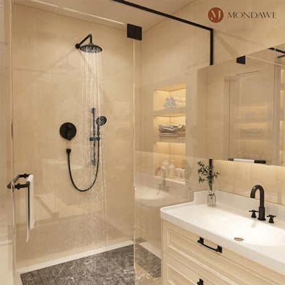 MONDAWE 8 Inch Wall Mounted Shower Faucet Set in Matte Black, Rainfall Shower Head with 3-Setting Handheld Spray Shower Set Combo, High Pressure Shower System with Solid Brass Valve - color: Matte Black, style: 8 IN - Without Tub Spout