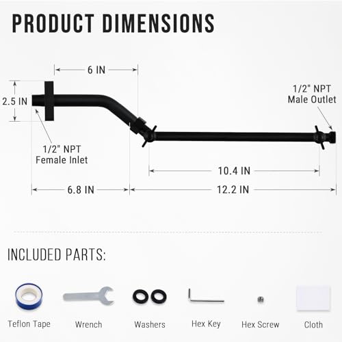 G-Promise 11 Inch Shower Extender with 6 Inch Arm and Flange(Matte Black) | Solid Brass Construction, Height and Angle Adjustable, Standard Connection Thread, All Installation Tools Included - color: Matte Black, style: 11 Inch