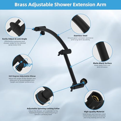 Hibbent All Metal 12'' Rain Shower Head, 16'' Extension Arm, Matte Black | cUPC Certified High Pressure Rainfall Showerhead with Solid Brass Adjustable Shower Head Extension Arm, Fixed Showerheads - color: Matte Black, style: Square 12''