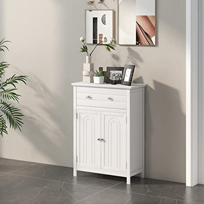COSTWAY Bathroom Floor Cabinet, Wooden Side Storage Organizer w/Larger Drawer, Adjustable Shelf & 2-Door Cupboard, Freestanding Storage Cabinet for Living Room, Kitchen, Entryway (White) | Larger Drawer, Adjustable Shelf & 2-Door Cupboard, Freestanding St
