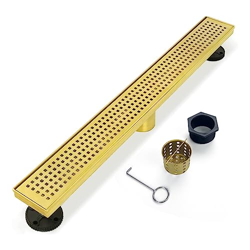 28 inch Linear Shower Drain Brushed Gold with Grate Removable | Square Hole Panel,AISI 304 Stainless Steel Fast Drainage Rectangle Hidden Shower Trench,Detachable Hair Catcher,Leveling Feet - color: Gold, size: 28 inch+No Base