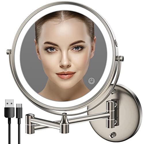 Rechargeable Wall Mounted Lighted Makeup Mirror, 8 Inch Double-Sided LED Vanity Mirror 1X/10X Magnification,3 Color Lights Touch Screen Dimmable 360°Swivel 13 Inch Extendable - color: 8 Inch Nickel