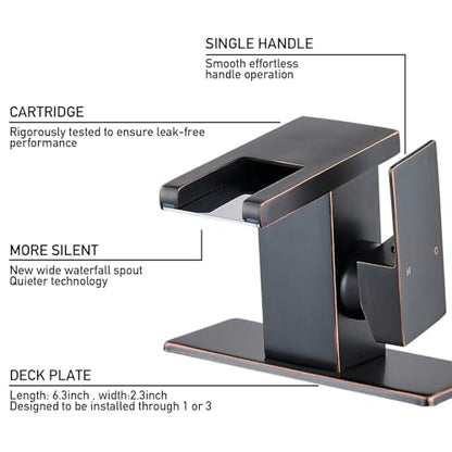 AVSIILE LED Bathroom Sink Faucet, Oil Rubbed Bronze Waterfall Single Hole Handle Vanity Faucets for Sinks 1 Hole with Metal Pop Up Drain and 2 Water Supply Lines, Side Handle - color: Oil Rubbed Bronze