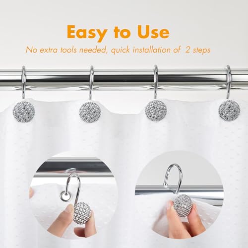 Pearlbee Chrome Shower Curtain Hooks, Round Beaded Design 12Pcs Zinc Alloy | Rustproof heavy duty, 4mm silver zinc alloy,Rrustproof, anti-drop, Smooth glide,Fits shower curtain & liner,Modern Decorative - color: Chrome