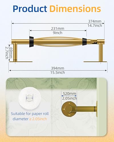 RUACQ Paper Towel Holder Under Cabinet, One Hand Tearing Paper Towel Holder with Damping Effect, Wall Mount & Adhesive Stainless Steel Paper Roll Holder for Kitchen Bathroom (Brushed Gold) - color: Brushed Gold, size: One Hand Tear - Rectangle