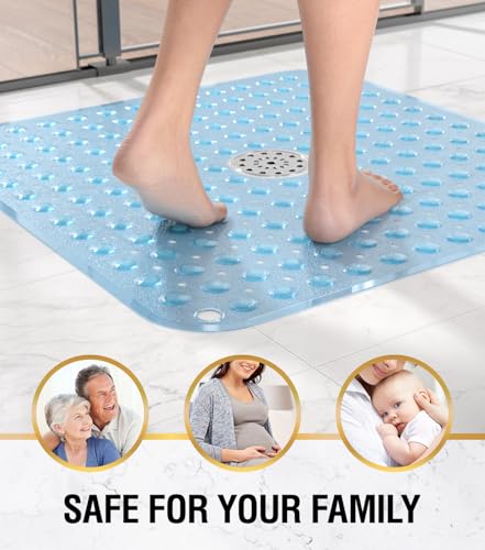 HITSLAM Square Shower Mat, Non Slip PVC Stall Mat, 24"x24", Blue | Power Grip Suction Cups, Center Drain Hole, Built-In Hanging Holes, Machine Washable Bathroom Floor Mat, Soft On Feet - color: Clear Blue