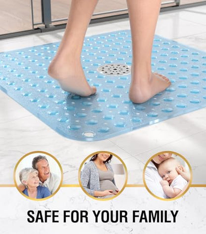 HITSLAM Square Shower Mat, Non Slip PVC Stall Mat, 24"x24", Blue | Power Grip Suction Cups, Center Drain Hole, Built-In Hanging Holes, Machine Washable Bathroom Floor Mat, Soft On Feet - color: Clear Blue