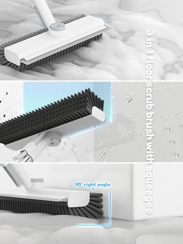 3 in 1 Floor Scrub Brush with Long Handle, Multi-Angle Swivel Head | Stiff Dual-side Bristle, Floor Scrubber with Squeegee & Tweezer for Tile Wall Deck Bathtub Patio Garage Pool Kitchen (White) - color: White