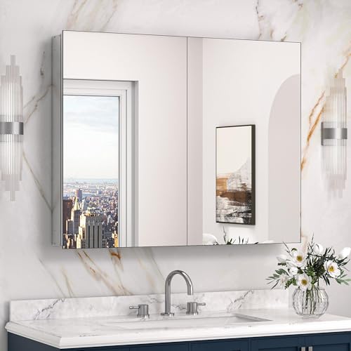 Keonjinn 40 x 32 Inch Large Medicine Cabinet for Bathroom, Silver Lightweight Combined Double Doors Mirrored Cabinet, Assembly Needed, Recessed or Wall Mount, Flexiable Ample Storage, Soft Closing | Assembly Needed, Lightweight Combined Double Doors, Rece