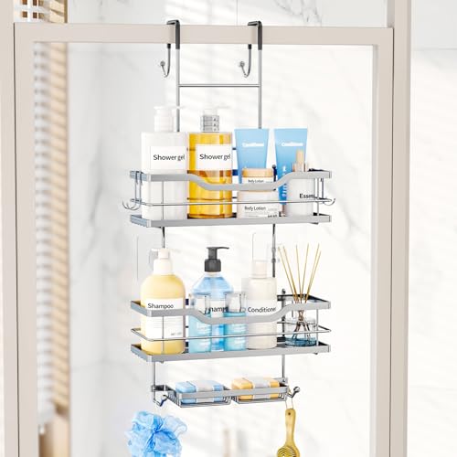 Consumest Over The Door Shower Caddy - 3 Tier Shower Shelves Hanging with Soap Holders, Large Capacity Shower Organizer with 6 Hooks, Bathroom Rack and Storage, Silver - color: Silver, size: 3 Tier