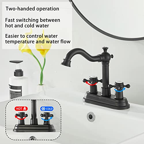 Bathroom Faucet Matte Black 2 Handles 4 Inches Centerset Black Bathroom Vanity with Drain Assembly and Supply Hose Lavatory Faucet - color: Black, style: Ceramic Cover