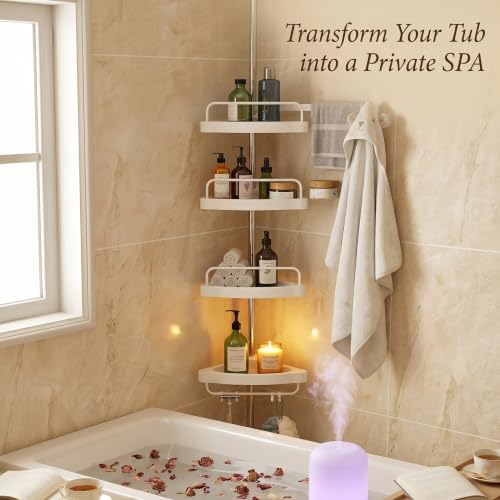 Corner Shower Caddy Tension Pole: 4-Tier Large Capacity Bathroom Organizer Shelf with Towel Bar - Rustproof No-Drill Adjustable, Home Bathtub Stand Rack, White