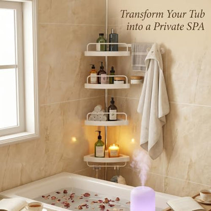 Corner Shower Caddy Tension Pole: 4-Tier Large Capacity Bathroom Organizer Shelf with Towel Bar - Rustproof No-Drill Adjustable, Home Bathtub Stand Rack, White