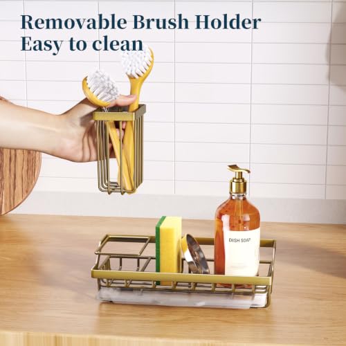 Consumest Sponge Holder for Kitchen Sink - Sink Caddy with Dish Brush Holder, Stainless Steel Kitchen Organizer with Drip Tray for Countertop, Darker Gold - color: Darker Gold