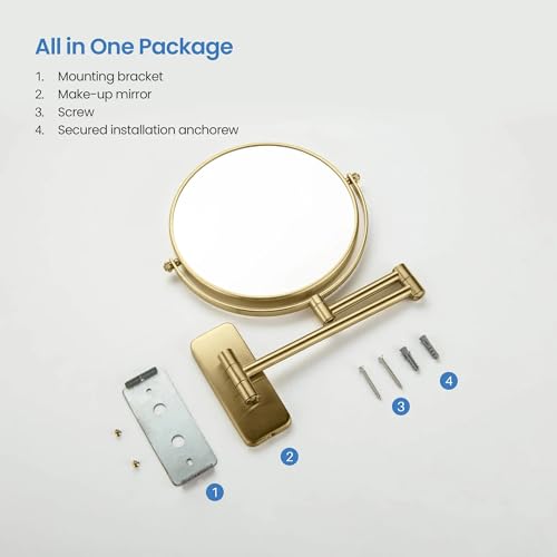 Circular Wall Mount Makeup Mirror, Dual-Sided 1x/5x Magnifying Mirror with Extendable Arm, 360° Swivel, Solid Brass Construction for Durability and Style (Brushed Brass - KMM100) - color: Brushed Brass