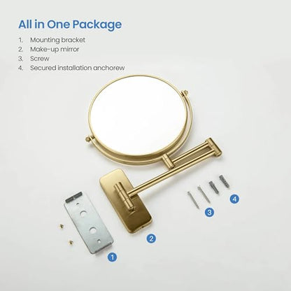 Circular Wall Mount Makeup Mirror, Dual-Sided 1x/5x Magnifying Mirror with Extendable Arm, 360° Swivel, Solid Brass Construction for Durability and Style (Brushed Brass - KMM100) - color: Brushed Brass