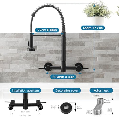 AIMADI Wall Mount Kitchen Faucet,Matte Black Kitchen Sink Faucet | with Pull Down Sprayer,8 inch 2 Handle Commercial Faucet for Kitchen Laundry Room Restaurant - color: Matte Black