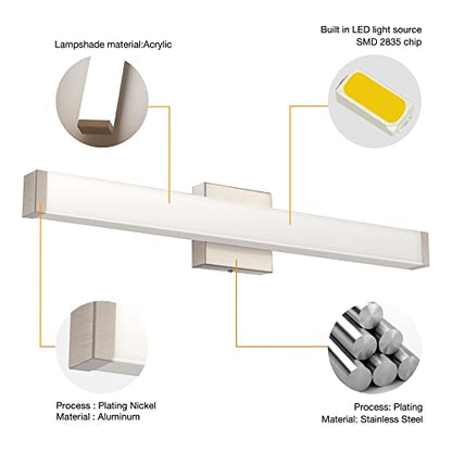 33.5" LED Square Vanity Light, 18W 4000K Dimmable, Brushed Nickel | Wall Bar Light, Rust & Moisture Resistant, Natural White light, Energy-saving, moisture-proof, Dresser Bathroom over Mirror - color: Brushed Nickel, size: 33.5in Dimmable