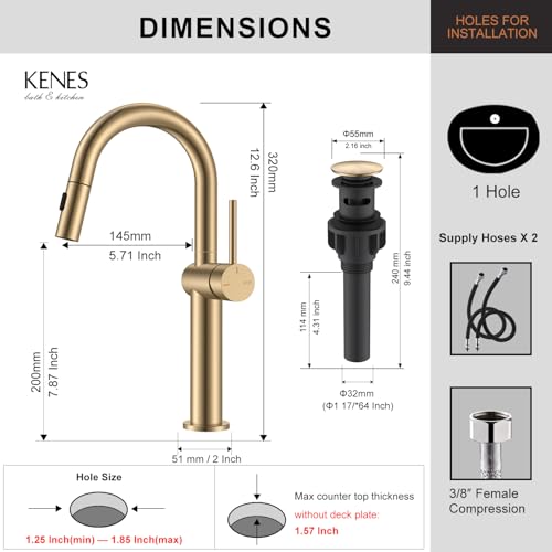 Champagne Bronze Pull Down Tall Vessel Sink Faucet 1 Hole 1 Handle | Vessel Bowl Faucet with Pop Up Drain & Supply Lines, Lead-Free cUPC & NSF Certified, 1 Hole Faucet for Vanity RV Restroom - color: Champagne Bronze, size: Tall
