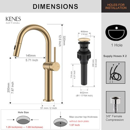 Champagne Bronze Pull Down Tall Vessel Sink Faucet 1 Hole 1 Handle | Vessel Bowl Faucet with Pop Up Drain & Supply Lines, Lead-Free cUPC & NSF Certified, 1 Hole Faucet for Vanity RV Restroom - color: Champagne Bronze, size: Tall