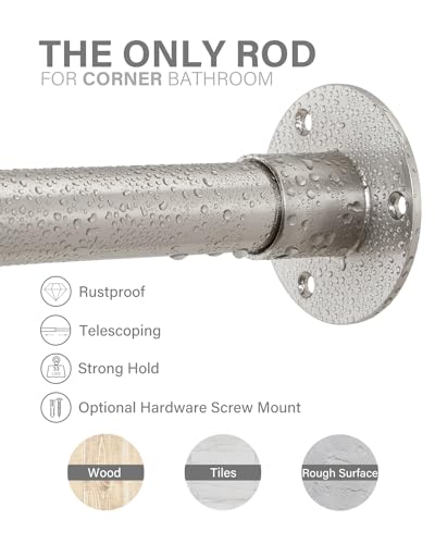 Corner Shower Curtain Rod, [24"-37"] x [24"-37"] Adjustable L Shaped No-Sagging 90 Degree Curved Curtain Rod for Bathroom with 12 Ring Hooks & Ceiling Support - Brushed Nickel - size: 24"-37" x 24"-37"