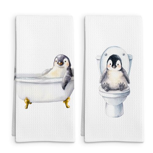 Funny Penguin Gifts for Kids Women Hand Towels Set of 2, Funny Penguin Hand Towel, Cute Coastal Animal Penguins Decorative Towels for Bathroom, Penguins Lovers Kids Bathroom Decor, 16x24in - color: Penguin