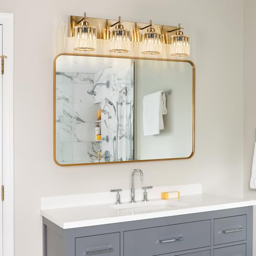 Modern Crystal Bathroom Vanity Lights, Gold 4-Lights Bathroom Light Fixtures Over Mirror, Crystal Wall Lighting with Polished Gold Finish - color: Gold-Round Shade, size: 4-Light