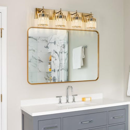 Modern Crystal Bathroom Vanity Lights, Gold 4-Lights Bathroom Light Fixtures Over Mirror, Crystal Wall Lighting with Polished Gold Finish - color: Gold-Round Shade, size: 4-Light
