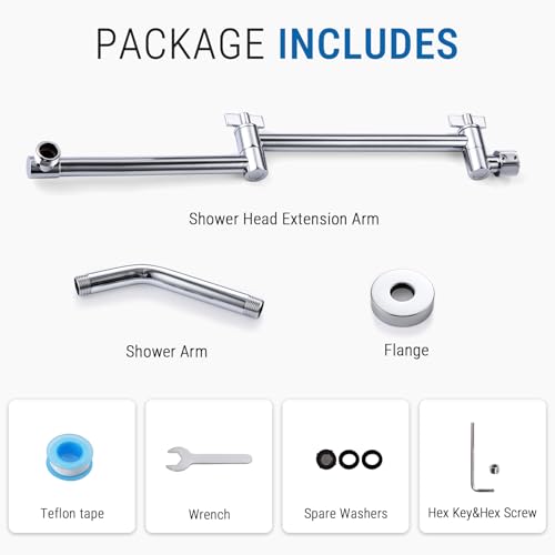 G-Promise 16 Inch Shower Extender with 6 Inch Shower Arm and Flange(Chrome) | Solid Brass Construction, Height and Angle Adjustable, Standard Connection Thread, All Installation Tools Included - color: Chrome, style: 16 Inch