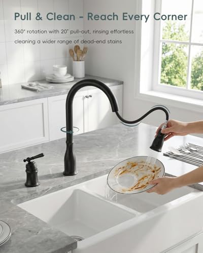 DAYONE Matte Black 3 Holes Kitchen Sink Faucets with Separate Handle, 2 Holes Pull Down Sink Faucet for Kitchen Sink with Soap Dispenser, Single Handle High Arc, DAY-279MB - color: Matte Black, style: Separate handle