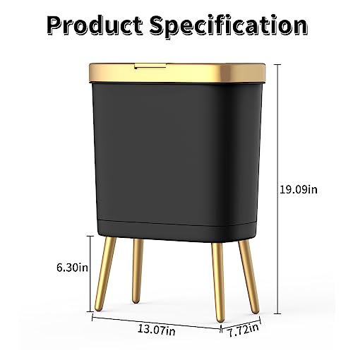 Procade Office Trash Can with Lid, Black Bathroom Trash Can with Gold Edge, Modern Narrow Garbage Can with Legs, Slim Plastic Trash Bin for Bedroom, Living Room,Kitchen,Toilet, 4 Gallon - color: Black