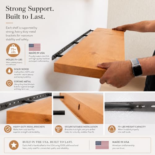 Floating Wall Shelves, Solid Natural Wood, Large and Small-Kitchen and Bathroom Shelf, Heavy Duty, Made in USA Set of 2 (Aged Oak, 48Wx8D) - color: Aged Oak, size: 48Wx8D