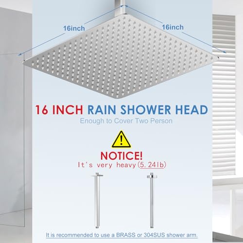 16 inch Large Rain Shower Head Ceiling Mounted - All Metal 304 Stainless Steel, Full Body Rainfall Shower with 324 Silicone Nozzles - Waterfall Bathroom Square Showerheads, Chrome Polished - color: A-Chrome Polished, size: 16 Inch Square