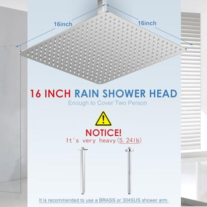 16 inch Large Rain Shower Head Ceiling Mounted - All Metal 304 Stainless Steel, Full Body Rainfall Shower with 324 Silicone Nozzles - Waterfall Bathroom Square Showerheads, Chrome Polished - color: A-Chrome Polished, size: 16 Inch Square