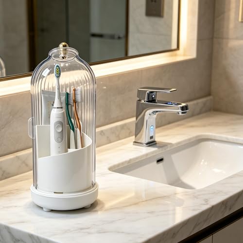 Dustproof Toothbrush Holders with Cover, Rotating Drainage Electric Toothbrush Organizer for Bathroom, 3 Slots Makeup Brush Holder with Sliding Lid for Vanity (Pure White) - color: Pure White
