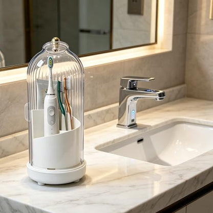 Dustproof Toothbrush Holders with Cover, Rotating Drainage Electric Toothbrush Organizer for Bathroom, 3 Slots Makeup Brush Holder with Sliding Lid for Vanity (Pure White) - color: Pure White