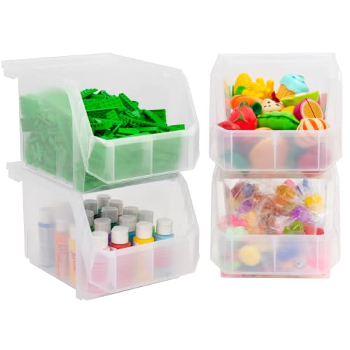 Medium-Tall Stackable Plastic Storage Bins, 4-Pack, Clear | Open-Front Stackable Bins For Garage, Pantry, Closet & Office, 7"L X 11"W X 8"H, Nests When Empty, Durable Plastic, - color: Clear, size: Medium-Tall, 4-Pack