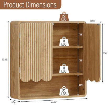 Fluted Bathroom Wall Cabinet, Boho Wooden Bathroom Organizers, Scalloped Over The Toilet Storage Cabinet with Adjustable Shelf, Medicine Cabinet Wall Mounted for Bathroom, Laundry Room,Natural - color: Natural