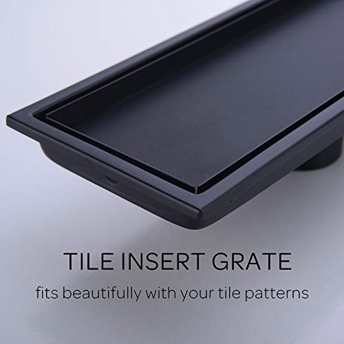304 Stainless Steel Linear Shower Floor Drain with Tile Insert Grate Removable Cover 12 inch Long Rectangle, Matte Black Plated Finish