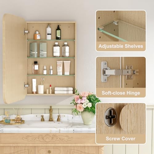 20x28 Inch Wood Medicine Cabinet with Mirror for Bathroom, Oak | Fully Assembled, Surface or Recessed Mount Mirror Cabinet, Rounded Corner, 3 Adjustable Glass Shelves, Soft-Close Door