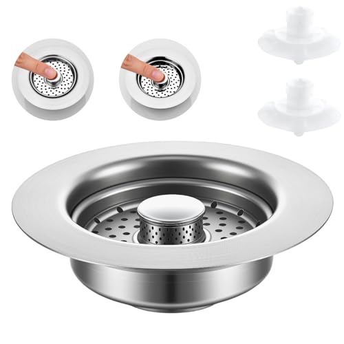 Sink Drain Strainer - Sink Stopper, 3-in-1 Kitchen Stainless Steel Drain Plug with Anti-Clog Basket, Pop-Up Cover